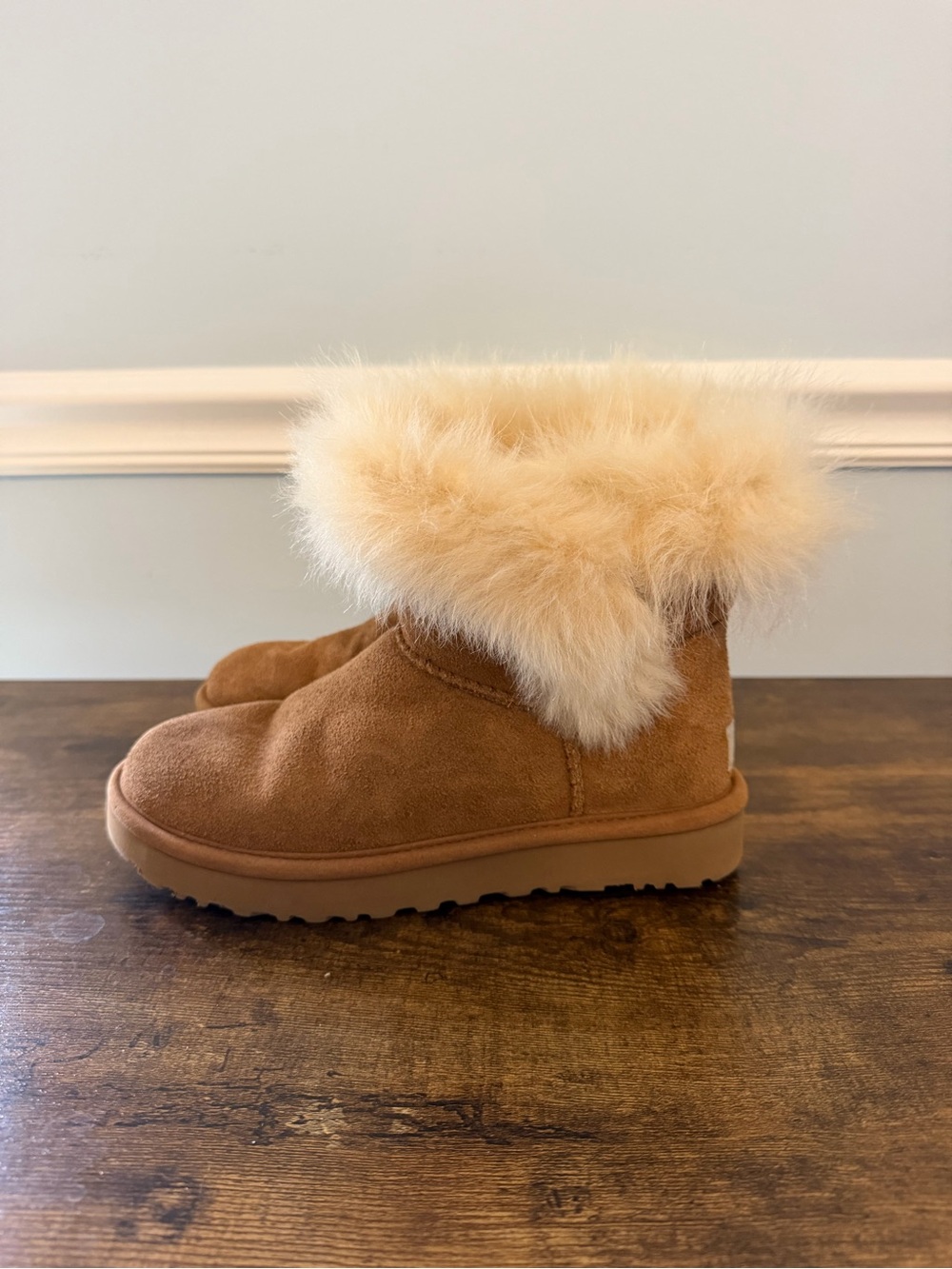 UGG Chestnut Suede Short Boot with Cream Fur Cuff